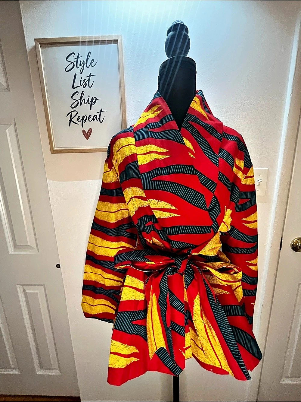 Kayra Imports Abstract Print Wrap Jacket Red & Yellow NWT